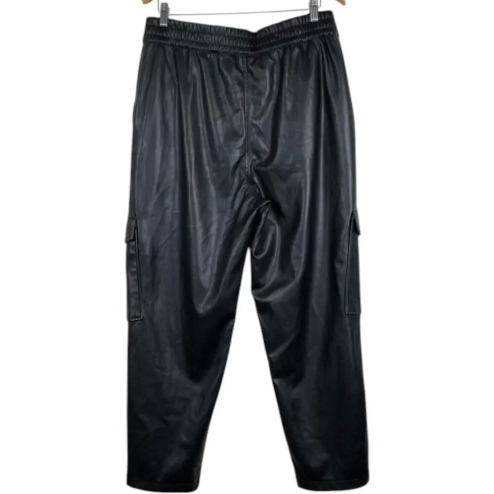 7 For All Mankind Vegan Faux Leather Cargo Pants Size Large Black High Rise EUC